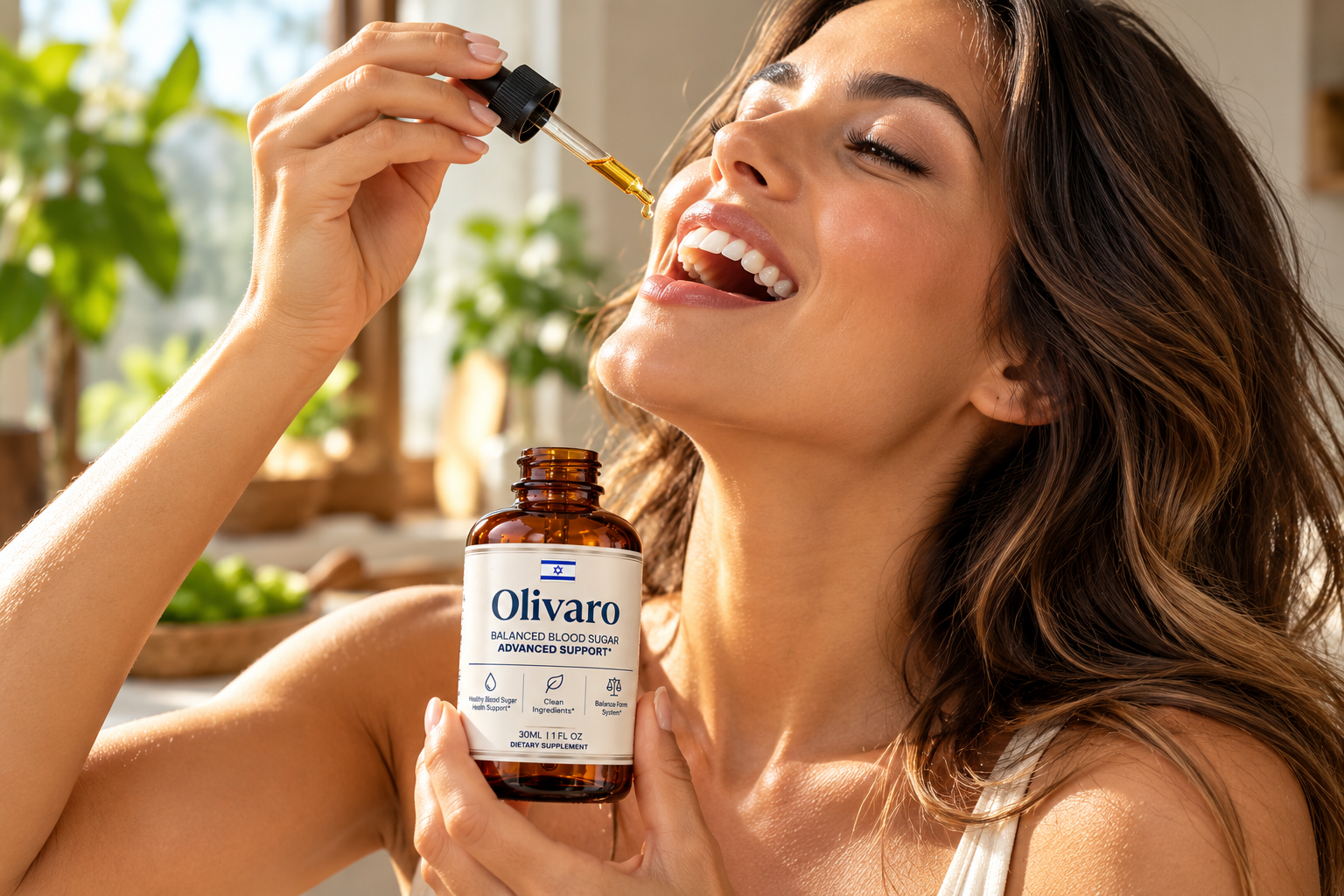 Woman taking Olivaro drops as part of her morning routine
