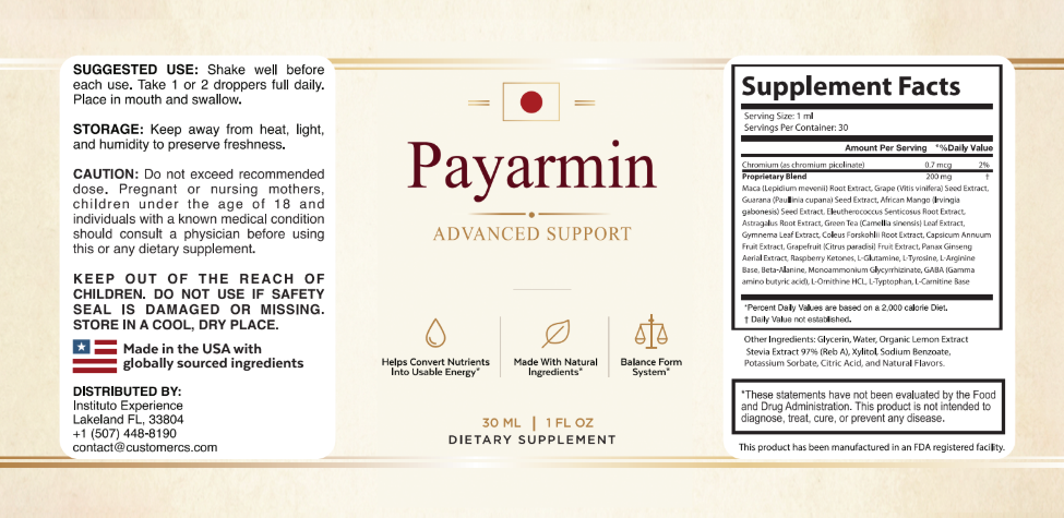 Payarmin label with Supplement Facts and suggested use